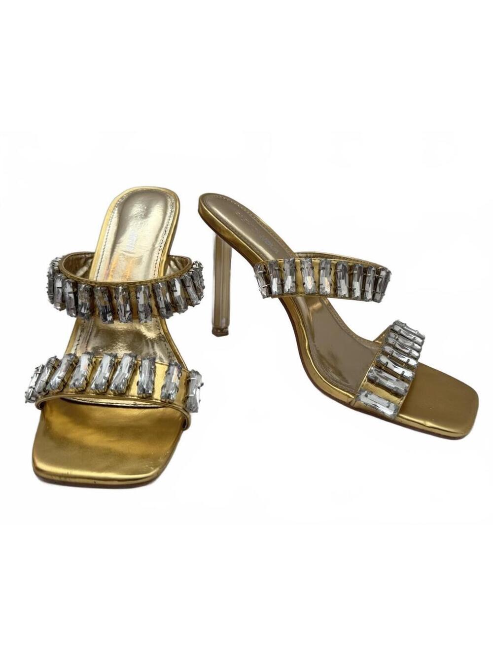Fashion Nova Women's Gold Rhinestone Square Toe Slip-On Mule Heels, US 8.5